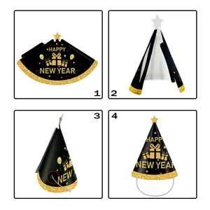 Black and gold Happy New Year 2027 party hats set with stars and elastic straps