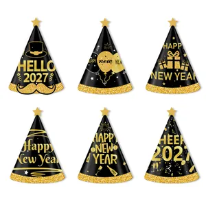 2027 Happy New Year Party Hats And Glasses Black Gold Paper Cone Hats Novelty Glasses Photo Props For Celebration Decorations