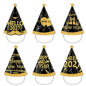 6-piece set of black and gold 2027 New Year party paper cone hats with glitter stars