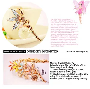 Detail showing crystal butterfly fairy keychains in red, yellow, blue and pink colors