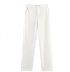 Detail view of high-waisted white straight-leg trousers with smooth fabric finish