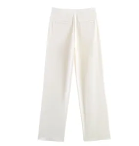 Rear view detail of professional high-waisted wide-leg white trousers in suit fabric