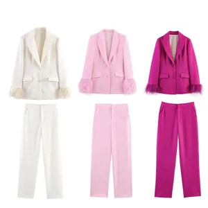 Women Pink Blazer And Trousers Fashion Feather Trim Cuffs Long Sleeve Streetwear Casual Polyester Outfit