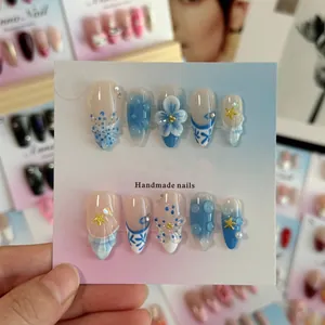 Press On Nails Blue White Gradient 3D Flower Artificial Pearl Shell Star Almond Shape Elegant Beach Style Women Finger Nail Art