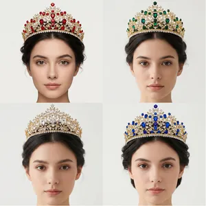 Baroque crystal bridal crown set in red, emerald, clear, and royal blue stones