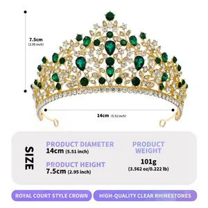 Baroque green crystal bridal crown with gold base and dimensions for party wear