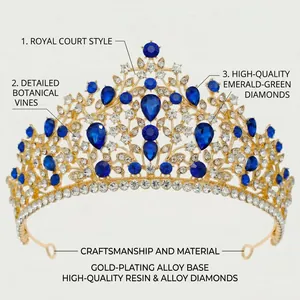 Close-up of golden royal court style bridal crown with blue rhinestones and vine details