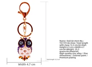 Spécifications de taille pour porte-clés hibou avec strass et finition émaillée dorée
