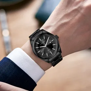 Minimalist all-black stainless steel quartz watch for men with date display and silver hands