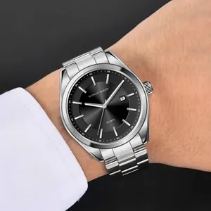 Men's minimalist waterproof quartz watch with black sunray dial and silver steel strap