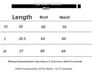 Size chart for women's backless sports top including length, bust, waist, and fabric info