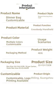 Detailed specification chart for acrylic evening clutch showing sizes and features