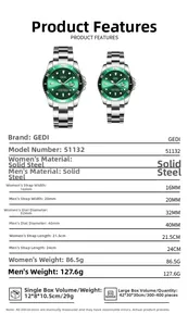 Detailed size chart for GEDI couple quartz watch with solid steel strap measurements