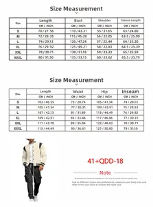 Detailed size chart for baseball jacket and cargo pants from S to XXXL with dimensions