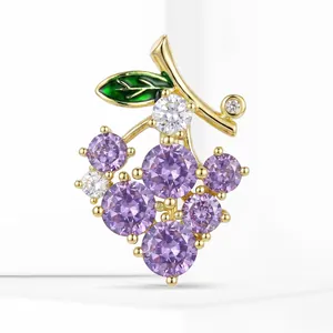 Cute Purple Crystal Grape Brooch For Women Gold Plated Copper Zircon Fruit Lapel Pin Fashion Clothing Accessories Jewelry