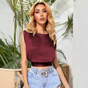 Sleeveless burgundy satin crop top with O-neck and backless design for summer