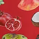 Close-up of tropical fruit print fabric featuring pomegranate and coconut patterns