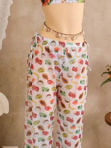 Tropical fruit print beach trousers with seashell and starfish bohemian waist chain