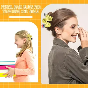 Détail d'une pince à cheveux crayon jaune portée par une fille et sur un chignon