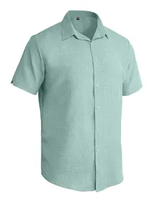 Detail of mint green short sleeve shirt collar showing fabric texture and neck label