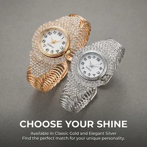 Detail of luxury quartz watches in gold and silver finish with sparkling rhinestones