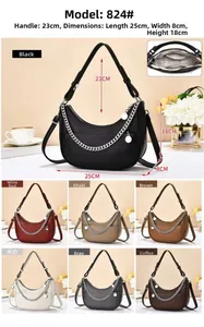 Detail view of dumpling shoulder bag showing 7 colors with metal chain and size dimensions