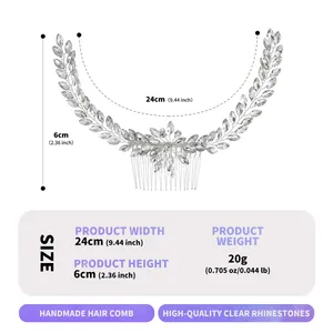Lussuoso pettine da sposa in argento da 24 cm con strass a foglia per matrimoni