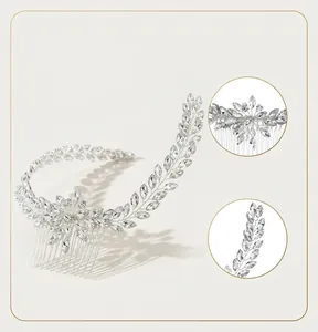 Dettaglio macro di foglie di strass marquise e pettine per capelli da sposa intrecciato