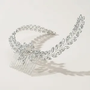Lussuoso pettine per capelli da sposa in argento con strass marquise e design a foglia