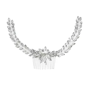 Elegante pettine per capelli da sposa in argento con strass marquise e design a foglia