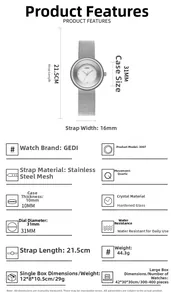 Detailed size parameters for women's quartz watch with 31mm silver mesh band