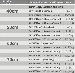 Detailed size chart for handmade organza wedding flowers in 40cm to 70cm variants