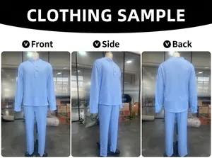Three-way view of light blue men's lounge set with waffle texture and buttoned neckline