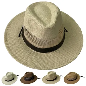 Unisex Breathable Straw Sun Hat Mesh Fedora Wide Brim Summer Beach Hat With Faux Leather Band And Windproof Rope