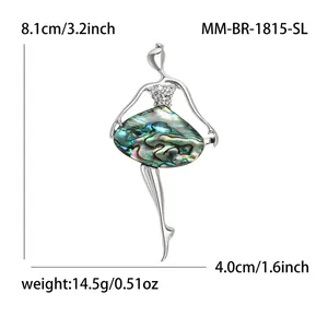 Elegant dancing girl brooch with natural abalone shell inlay and rhinestones 8.1cm