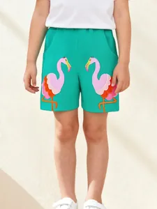 Short Décontracté en Coton pour Filles Broderie Flamant Rose Ceinture Élastique Cordon de Serrage Short d'Été Sportif pour Enfants