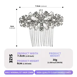 Rhinestone bridal hair comb 7.5cm width with vintage floral design on white background
