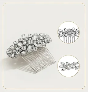 Detailed macro view of bridal rhinestone flower hair comb with silver plating