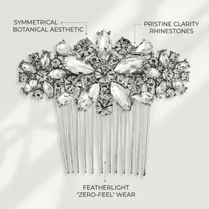 Elegant silver bridal hair comb with symmetrical rhinestone flowers and crystals