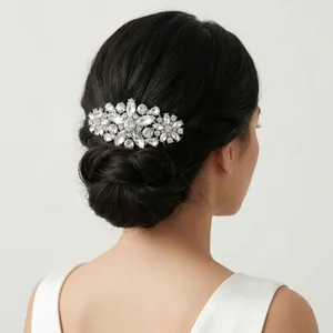 Vintage Alloy Flower Hair Comb With Rhinestones Bridal Wedding Headpiece Silver Hair Accessories For Women Party Jewelry