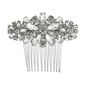 Exquisite bridal hair comb with floral rhinestone crystals and silver alloy finish