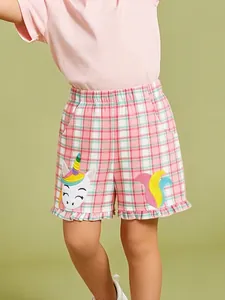 Short en Coton à Carreaux Roses pour Filles Été Avec Applique Licorne et Bord à Volants Vêtements Décontractés pour Enfants