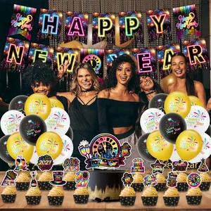 2027 Happy New Year party decoration set with neon banners, balloons and cake toppers