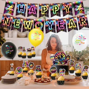 2027 Happy New Year party decoration set with festive banners and colorful balloons