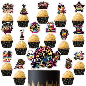 2027 Happy New Year neon cake topper set with festive clock and champagne designs
