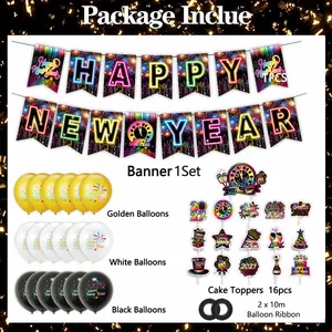 2027 Happy New Year party decoration set with banners, balloons and cake toppers
