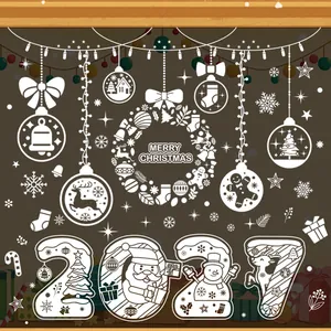 White Christmas window decals with Merry Christmas wreath and Santa reindeer patterns