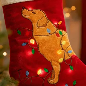 Gros plan d'une botte de Noël en velours rouge avec Golden Retriever et lumières LED