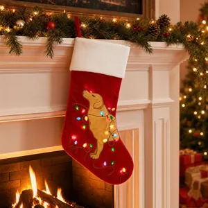 Chaussette de Noël Lumineuse LED Motif Golden Retriever Rouge Blanc Velours Polyester Décoration Cheminée Sac Cadeau