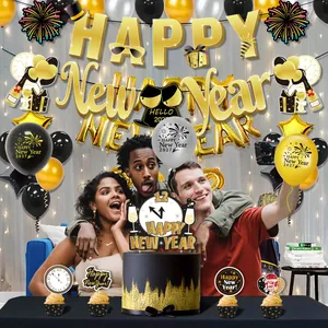 2027 Happy New Year party decoration set with gold black balloons and banner